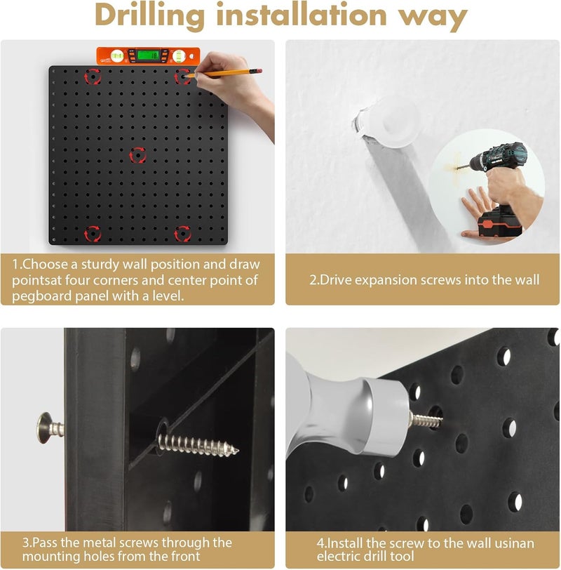 FZK Pegboard 32"*32",Black Pegboard 4pcs and 46 Peg Board Hooks with Strong Ribs Back Holds up for 200Ib,Peg Board Organizer for Walls for Garage Workshop Office - Image 5